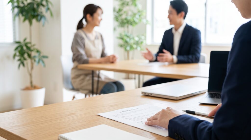 雇用契約書を確認する人事担当者と、話し合うパート従業員と正社員